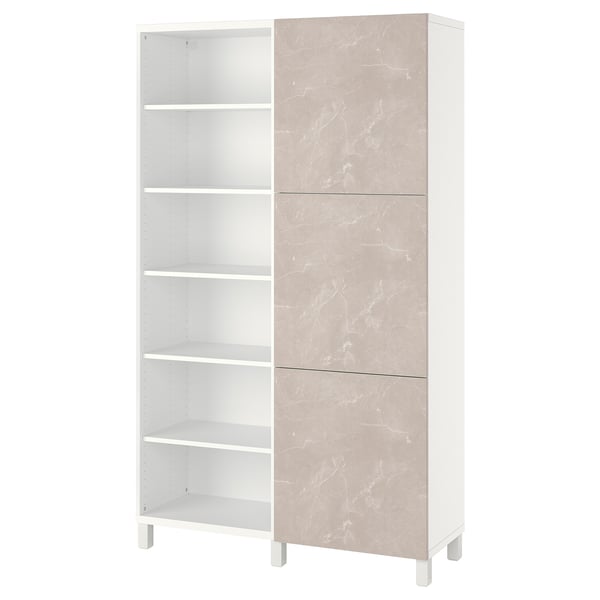 Modern BESTÅ cabinet in white with marble-patterned doors; tall rectangular shape with open and closed storage.