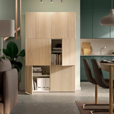 BESTÅ Storage combination with doors, white/Björköviken oak veneer, 120x42x193 cm