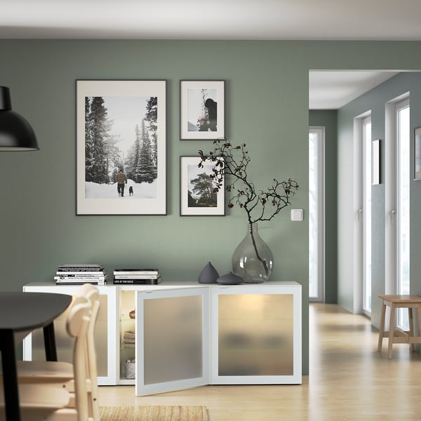 BESTÅ Storage combination with doors, white Glassvik/white/light green clear glass, 180x42x65 cm