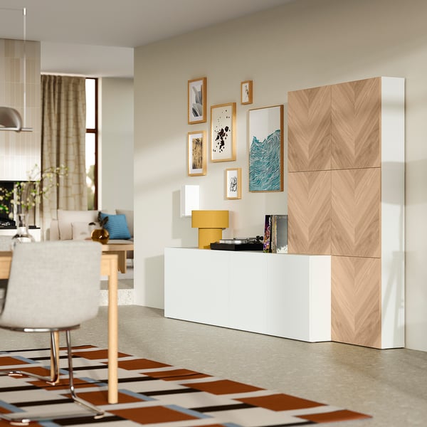 BESTÅ Storage combination with doors, white Lappviken/Hedeviken oak, 300x42x193 cm