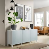 BESTÅ Storage combination with doors, white Selsviken/Stubbarp/high-gloss light grey-blue, 180x42x74 cm