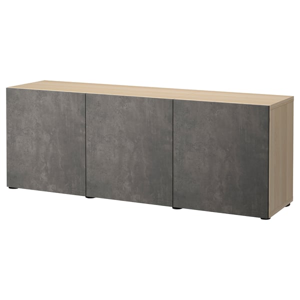 BESTÅ Storage combination with doors, white stained oak effect Kallviken/dark grey concrete effect, 180x42x65 cm