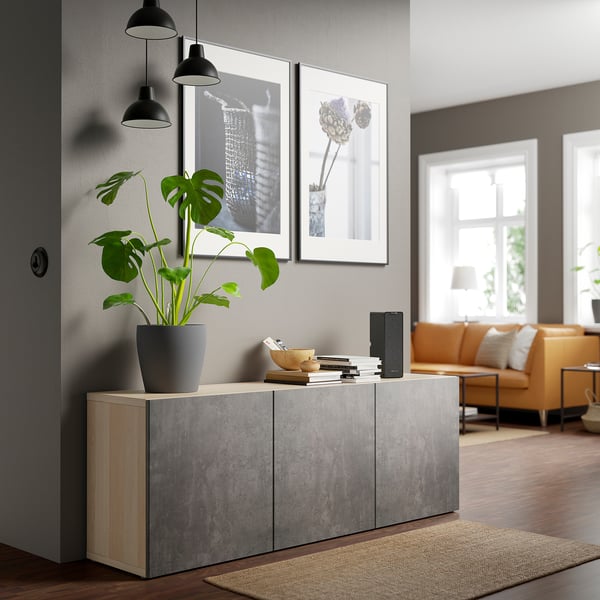 BESTÅ Storage combination with doors, white stained oak effect Kallviken/dark grey concrete effect, 180x42x65 cm