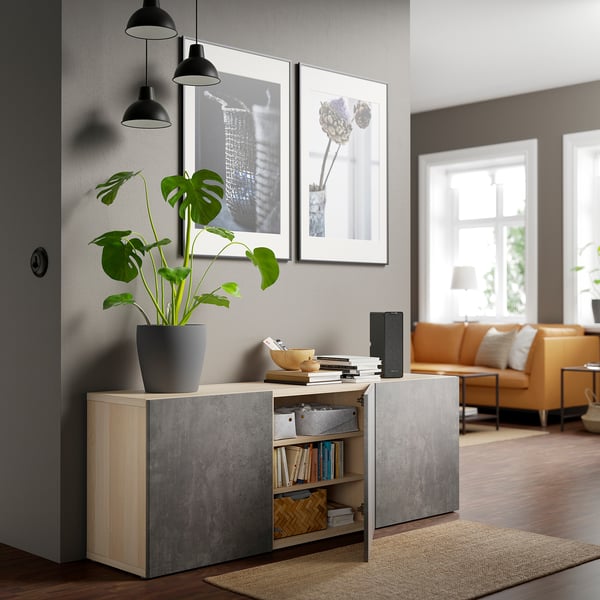 BESTÅ Storage combination with doors, white stained oak effect Kallviken/dark grey concrete effect, 180x42x65 cm