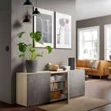 BESTÅ Storage combination with doors, white stained oak effect Kallviken/dark grey concrete effect, 180x42x65 cm