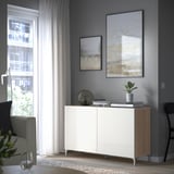 BESTÅ Storage combination with doors, white stained oak effect/Selsviken high-gloss/white, 120x42x74 cm