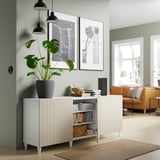 BESTÅ Storage combination with doors, white/Sutterviken/Kabbarp grey-beige, 180x42x74 cm