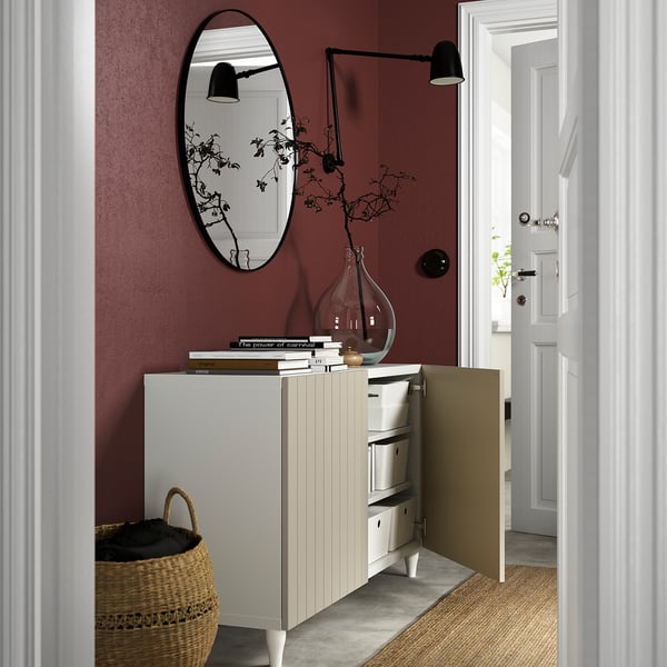 BESTÅ Storage combination with doors, white/Sutterviken/Kabbarp grey-beige, 120x42x74 cm