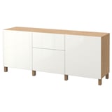 BESTÅ Storage combination with drawers, oak effect/Selsviken high-gloss/white, 180x42x74 cm