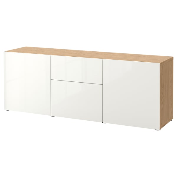 BESTÅ Storage combination with drawers, oak effect/Selsviken high-gloss/white, 180x42x65 cm