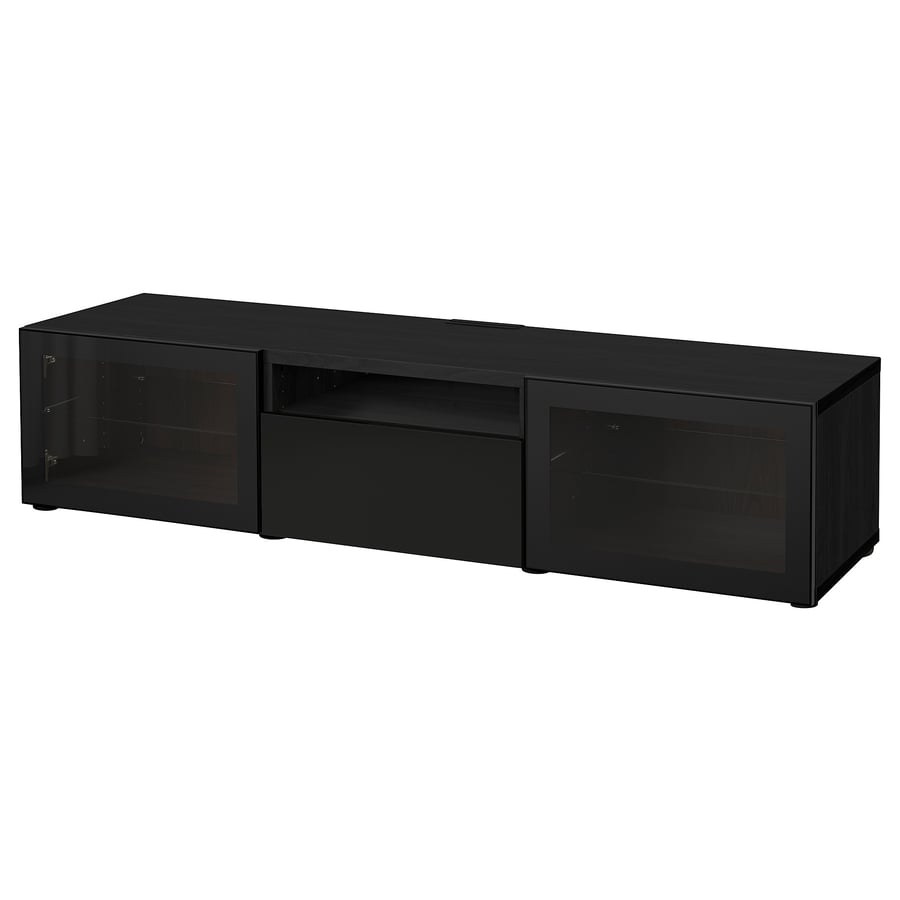 BESTÅ TV bench, blackbrown/Selsviken highgloss/black clear glass