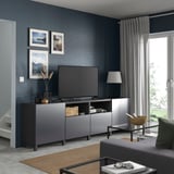 BESTÅ TV bench with doors and drawers, dark grey/Riksviken/Stubbarp brushed dark pewter effect, 240x42x74 cm
