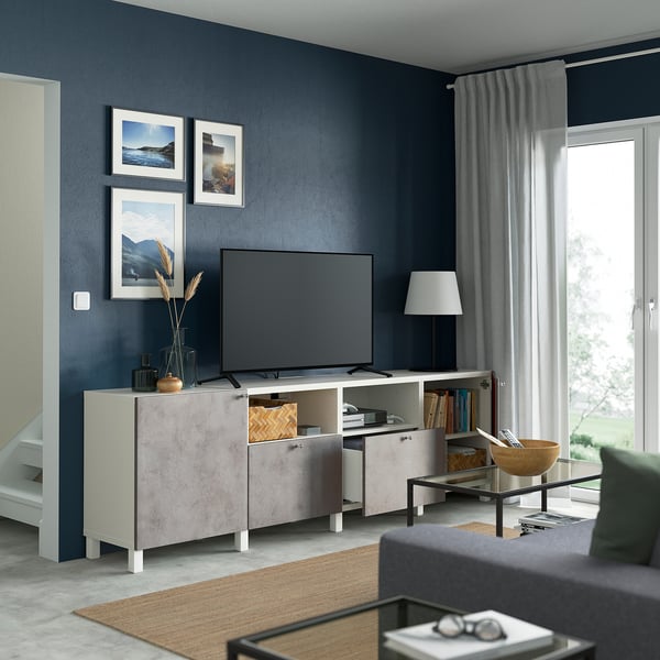 BESTÅ TV bench with doors and drawers, white/Kallviken/Stubbarp light grey, 240x42x74 cm