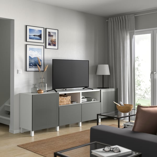 BESTÅ TV bench with doors and drawers, white Mörtviken/Västerviken/Stubbarp dark grey, 240x42x74 cm