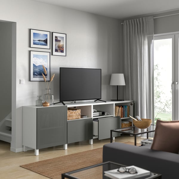BESTÅ TV bench with doors and drawers, white Mörtviken/Västerviken/Stubbarp dark grey, 240x42x74 cm