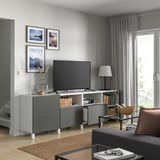 BESTÅ TV bench with doors and drawers, white Mörtviken/Västerviken/Stubbarp dark grey, 240x42x74 cm