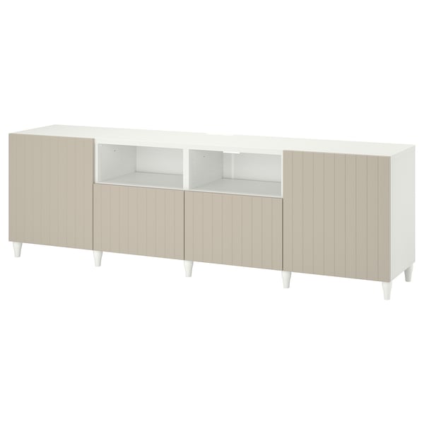 BESTÅ TV bench with doors and drawers, white/Sutterviken/Kabbarp grey-beige, 240x42x74 cm
