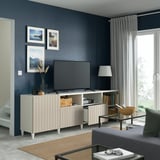 BESTÅ TV bench with doors and drawers, white/Sutterviken/Kabbarp grey-beige, 240x42x74 cm