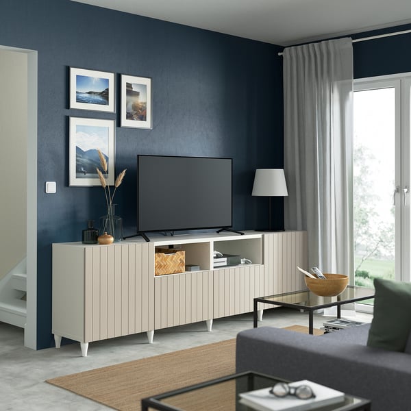 BESTÅ TV bench with doors and drawers, white/Sutterviken/Kabbarp grey-beige, 240x42x74 cm