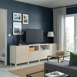 BESTÅ TV bench with doors and drawers, white/Sutterviken/Kabbarp grey-beige, 240x42x74 cm