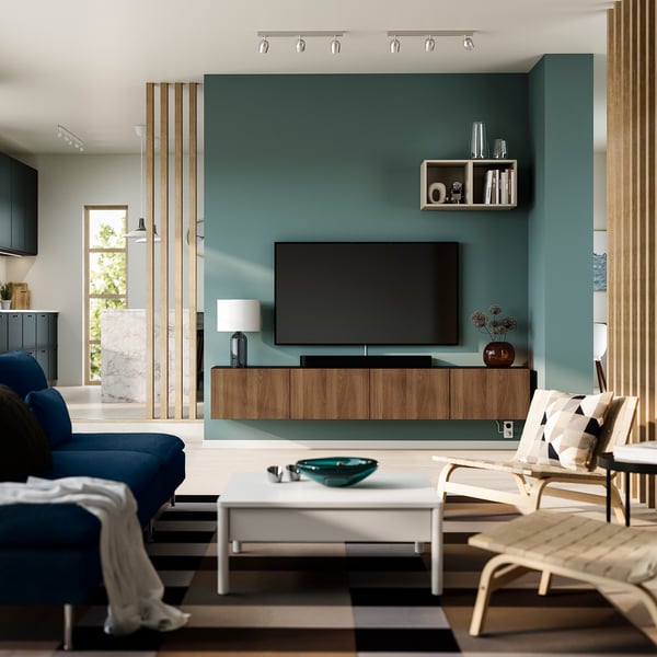 BESTÅ TV bench with doors, black-brown/Lappviken walnut effect, 240x42x38 cm