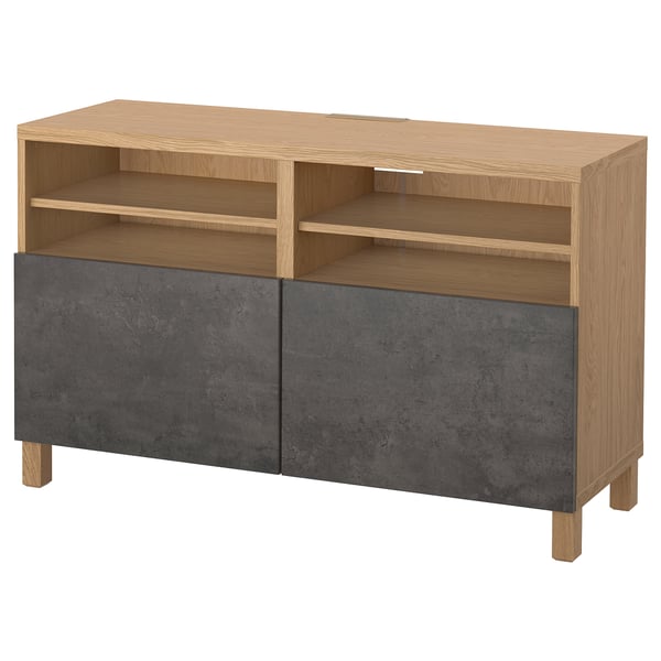 BESTÅ TV bench with doors, oak effect Kallviken/Stubbarp/dark grey concrete effect, 120x42x74 cm