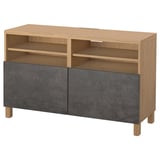 BESTÅ TV bench with doors, oak effect Kallviken/Stubbarp/dark grey concrete effect, 120x42x74 cm