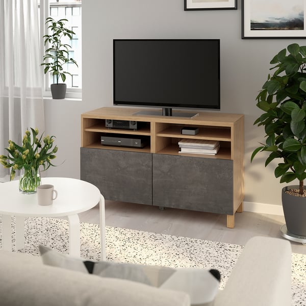 BESTÅ TV bench with doors, oak effect Kallviken/Stubbarp/dark grey concrete effect, 120x42x74 cm