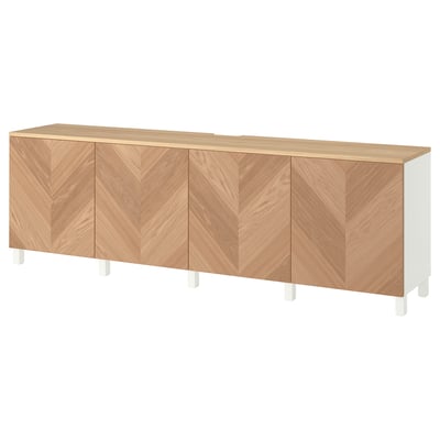 BESTÅ TV bench with doors, white/Hedeviken/Stubbarp oak veneer, 240x42x76 cm