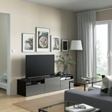 BESTÅ TV bench with drawers and door, black-brown/Riksviken brushed dark pewter effect, 180x42x39 cm