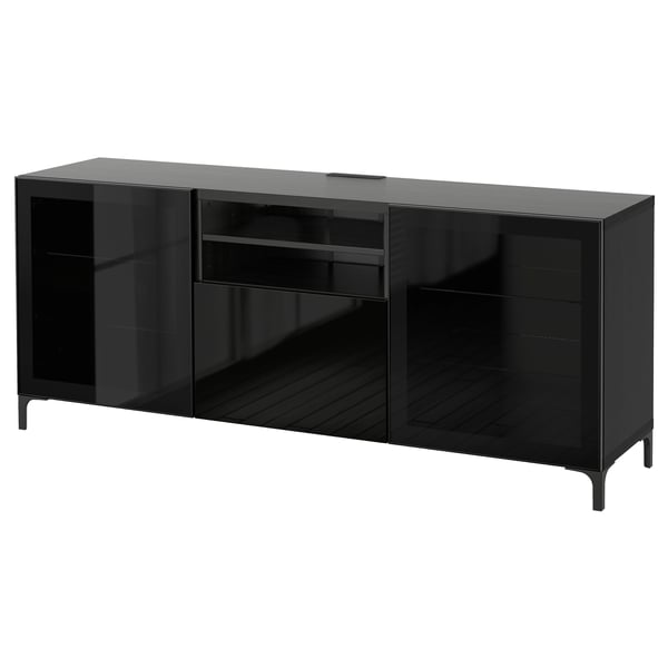 BESTÅ TV bench with drawers, black-brown/Selsviken high-gloss/black clear glass, 180x40x74 cm