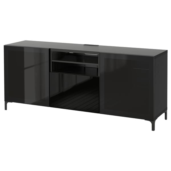 BESTÅ TV bench with drawers, black-brown/Selsviken high-gloss/black smoked glass, 180x40x74 cm