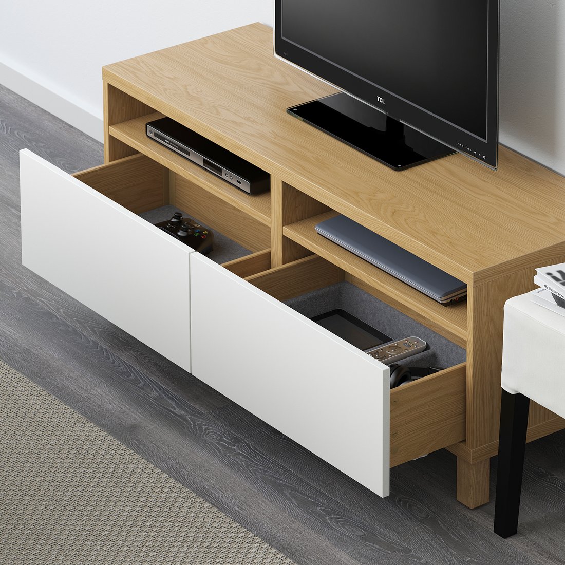 BESTÅ TV bench with drawers oak effect/Lappviken white IKEA