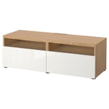 BESTÅ TV bench with drawers, oak effect/Selsviken high-gloss/white, 120x42x39 cm