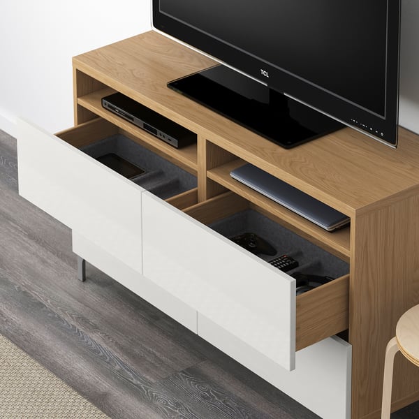 BESTÅ TV bench with drawers, oak effect, Selsviken highgloss/white, 120x40x74 cm. Order here