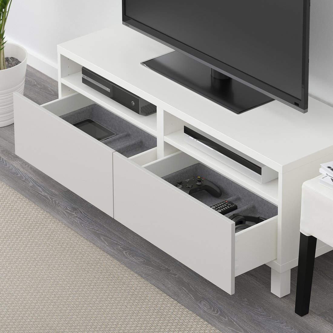 BESTÅ white, Lappviken/Stubbarp Lappviken light grey, TV bench with