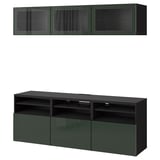 BESTÅ TV storage combination/glass doors, black-brown Glassvik/Selsviken dark olive-green, 180x42x192 cm