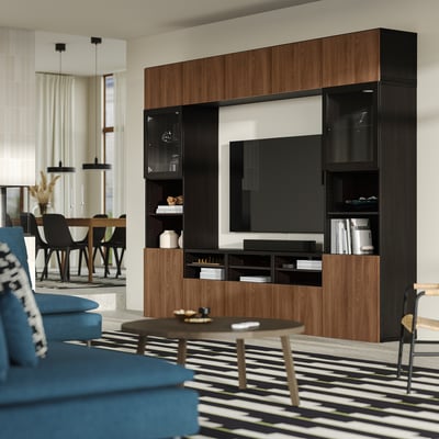 BESTÅ TV storage combination/glass doors, black-brown Lappviken/walnut effect clear glass, 300x42x231 cm