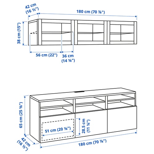BESTÅ TV storage combination/glass doors, black-brown/Selsviken high-gloss/black clear glass, 180x42x192 cm