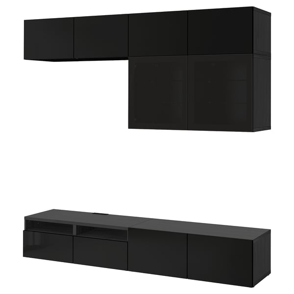 BESTÅ TV storage combination/glass doors, black-brown/Selsviken high-gloss/black smoked glass, 240x42x231 cm