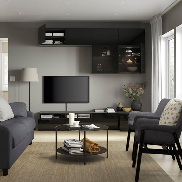 BESTÅ TV storage combination/glass doors, black-brown/Selsviken high-gloss/black smoked glass, 240x42x231 cm
