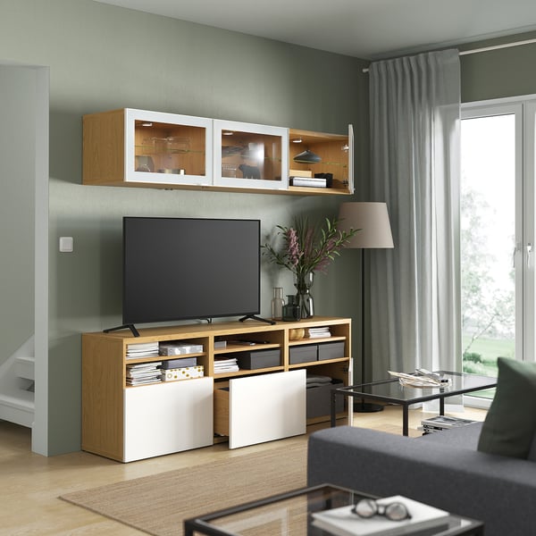 BESTÅ TV storage combination/glass doors, oak effect/Selsviken high-gloss/white clear glass, 180x42x192 cm
