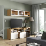 BESTÅ TV storage combination/glass doors, oak effect/Selsviken high-gloss/white clear glass, 180x42x192 cm