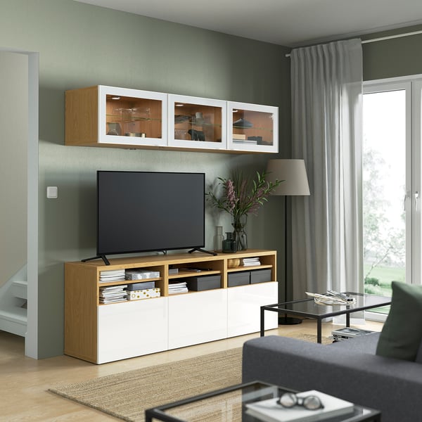 BESTÅ TV storage combination/glass doors, oak effect/Selsviken high-gloss/white clear glass, 180x42x192 cm