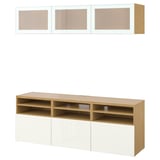 BESTÅ TV storage combination/glass doors, oak effect Selsviken/high-gloss/white frosted glass, 180x42x192 cm
