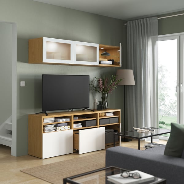 BESTÅ TV storage combination/glass doors, oak effect/Selsviken high-gloss/white frosted glass, 180x42x192 cm