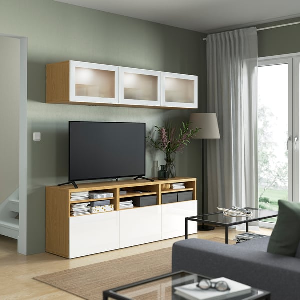 BESTÅ TV storage combination/glass doors, oak effect/Selsviken high-gloss/white frosted glass, 180x42x192 cm
