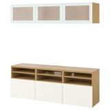 BESTÅ TV storage combination/glass doors, oak effect Selsviken/high-gloss/white frosted glass, 180x42x192 cm