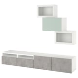 BESTÅ TV storage combination/glass doors, white Kallviken/Hjortviken light grey-green, 240x42x190 cm