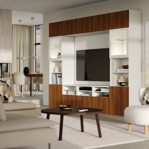 BESTÅ TV storage combination/glass doors, white Lappviken/walnut effect clear glass, 300x42x231 cm